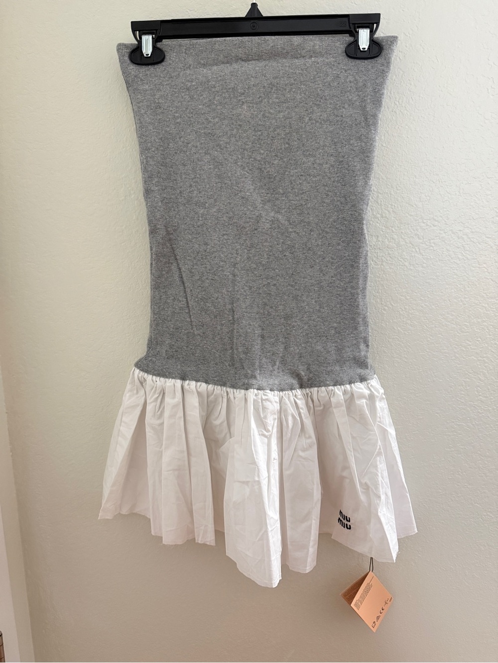 Miu Miu Gray and White Mini Dress with Ruffle Hem